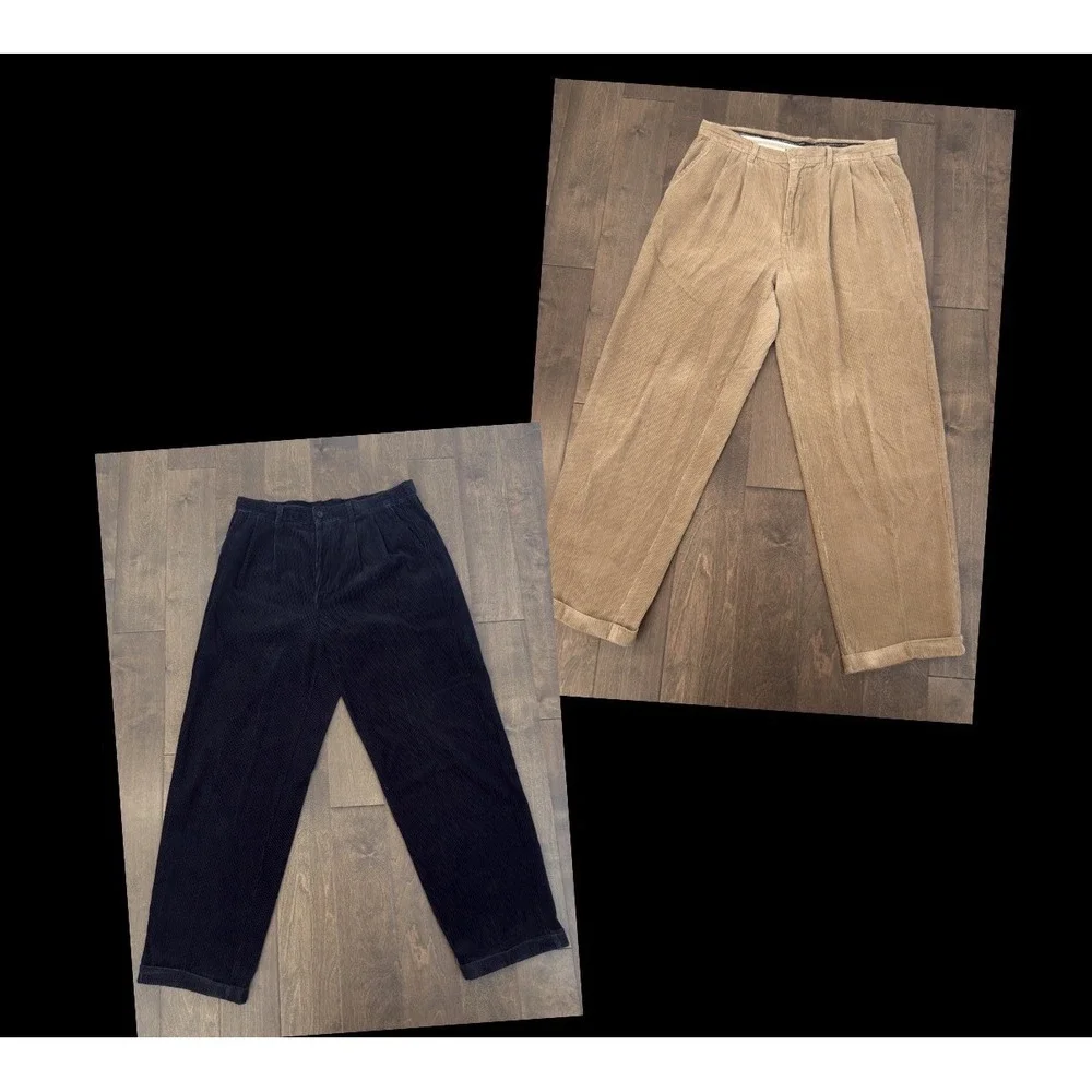 VTG Ivy Crew Lot Of‎ 2 Classic Pleated Corduroy Mens Size 38X34 Navy/Beige Pants